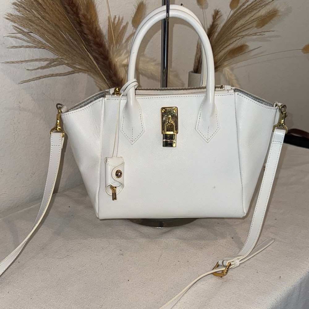 Samantha Thavasa White and Gold Satchel with Trapezoidal Design